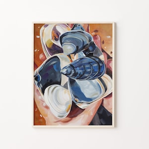 May include: A framed painting of various seashells in blue, white, and cream hues. The shells are held in hands, set against a warm, orange-brown backdrop. The artwork is a still life, with a focus on marine life.