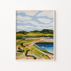 Impressionist painting of low tide beach, coastal view, Nova Scotia - painting in blues and greens.