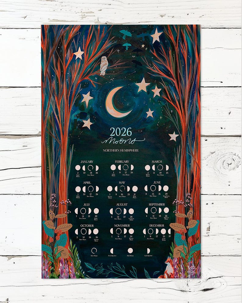 Moon Calendar 2026 - Lunar Phases Poster - Etsy