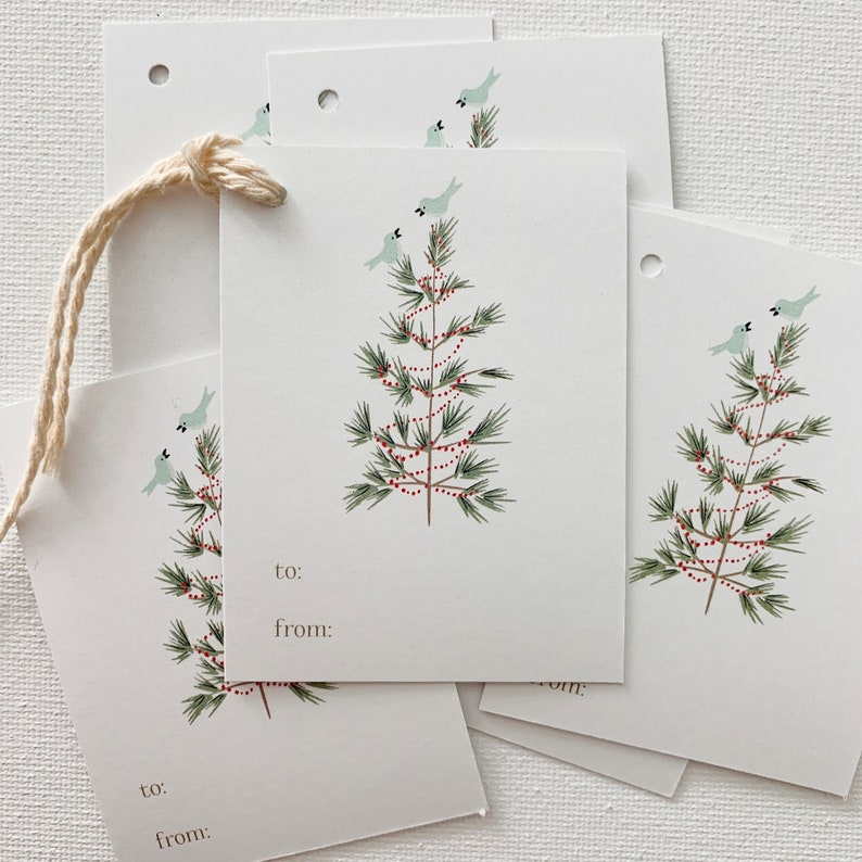 Bird Friends Christmas Gift Tag Set, Holiday New Year Gift Tag, Pretty Gift Tag Set with Twine, Christmas Gift Tag Set, Gift Tags and String image 1