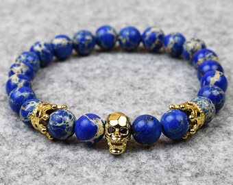 Mens Beaded Stretch Bracelet // Emperor Stone Skull Crown // Custom Sizing