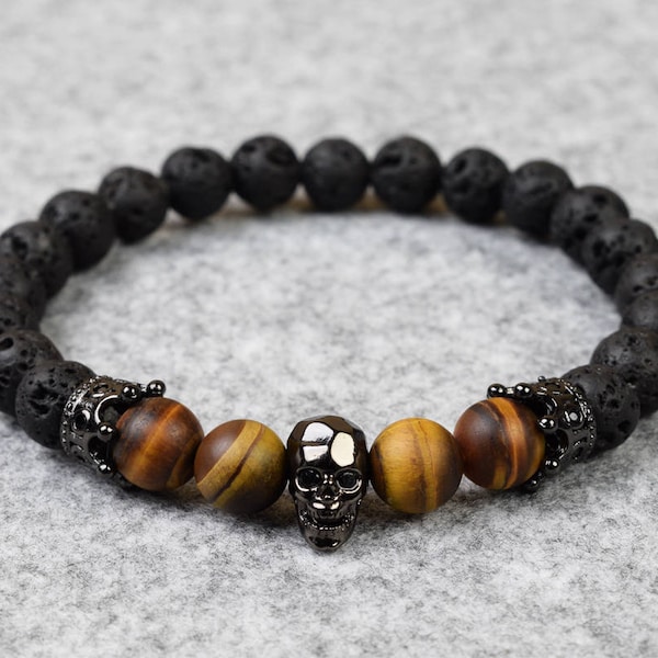 Mens Beaded Stretch Bracelet // Lava Rock & Matte Tiger Eye Double Crown Skull // Custom Sizing