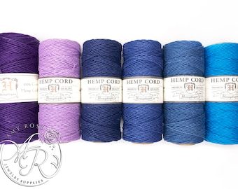 1MM Solid Polished Hemp Twine Hemptique Cord - Macrame String Artisan Thread 20lbs - 205ft Spool - Choose Your Color Purples and Blues