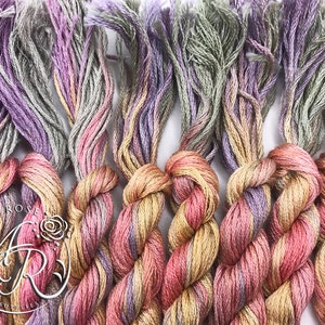 Può includere: Primo piano di una collezione di matasse di filo da ricamo in tonalità rosa, viola e verde. Le matasse sono intrecciate tra loro, mostrando i diversi colori.
