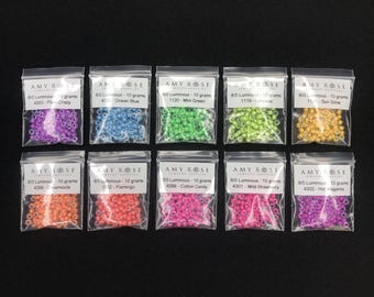 May include: Ten small clear plastic bags filled with colorful beads. Each bag has a label with the "Amy Rose Jewelry Supplies" logo and details like "6/0 Luminous - 10 grams" and a color name such as "Plum Crazy" or "Ocean Blue".