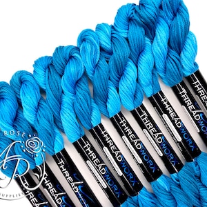 May include: A close-up of eight spools of blue embroidery floss, each with a black label that reads "THREADWORX Hand Overdyed Floss".