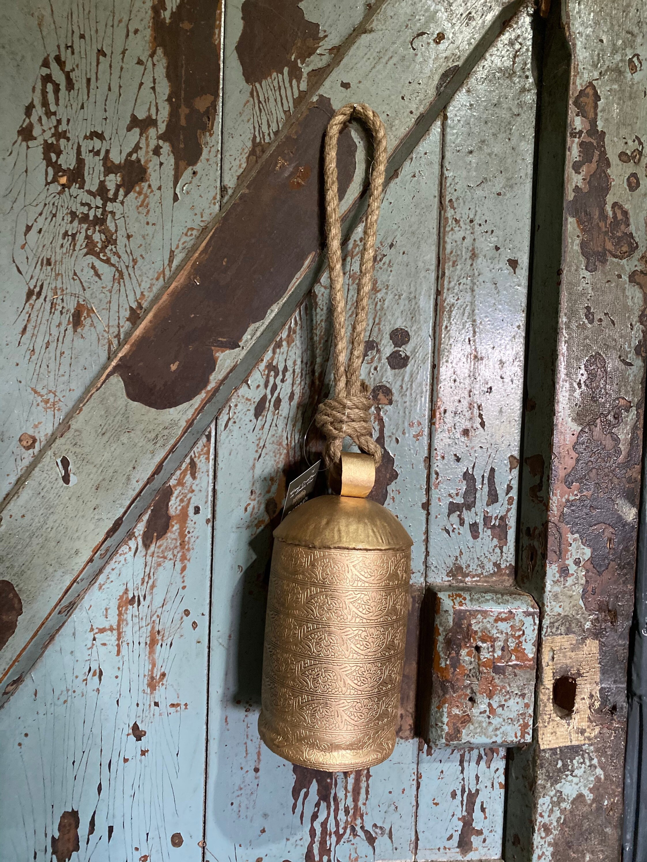 Antiqued gold effect cow bell with jute string Etsy