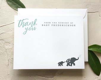 Custom Elephant Baby Shower Thank You Cards, From the Nursery of Notecards featuring Mama and Baby Elephant [Q118-016]