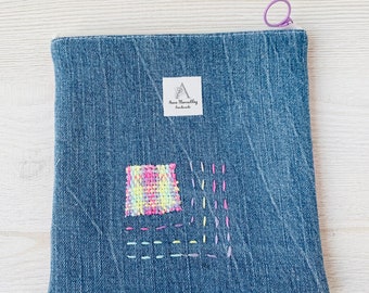 Denim Mended Zipper Pouch - Pink Upcycled