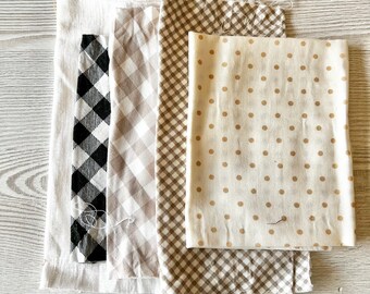 Cotton Fabric Scrap Bundle 90g - White Grey Black Tan - Gingham Linen