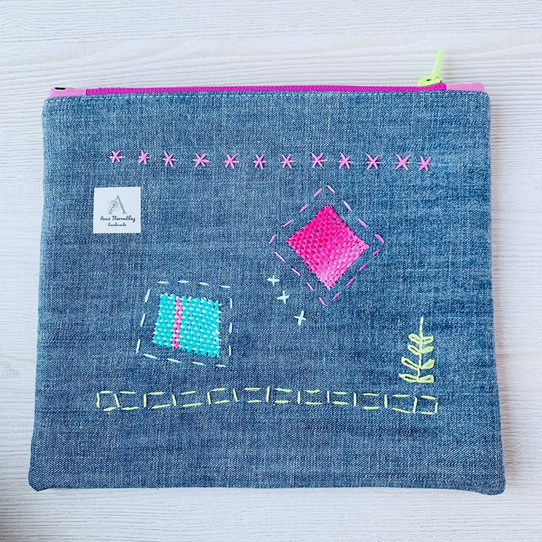 Denim Mended Zipper Pouch Neon Pink Green Upcycled Etsy
