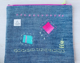 Denim Mended Zipper Pouch - Neon Pink Green - Upcycled