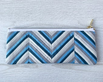 Blue & Grey Pencil Case - Herringbone Pattern