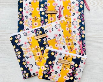 Golden Aster Floral Fabric Patchwork Quilted Zip Up Pouch
