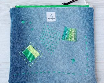 Denim Mended Zipper Pouch - Neon Green White - Upcycled