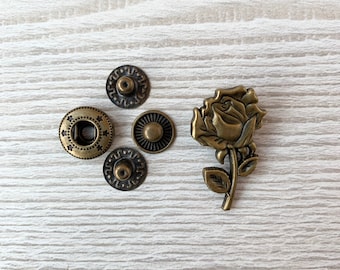 5 Metal Snap Fasteners - Rose with stem