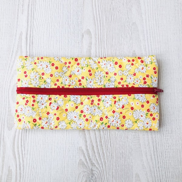 Quilted Pencil Case - Zip Up Pouch Organizer - 1930's Fabrics - Yellow Red White Small Floral Print - Zakka Style