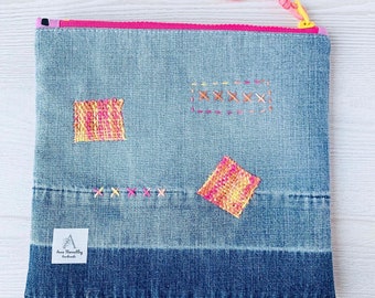 Denim Mended Zipper Pouch - Neon Pink Orange - Upcycled