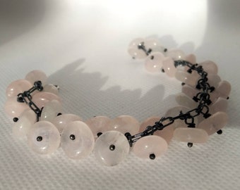 Rose Quartz Bracelet. Oxidised Silver Bracelet with Rose Quartz Beads. Beaded Bracelet. Silver Charms Bracelet.