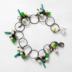 Pearls & Vintage Beads Oxidised Sterling Silver Bracelet. Silver Black Oxidised Links and Gems  Bracelet. Silver and Charms Bracelet