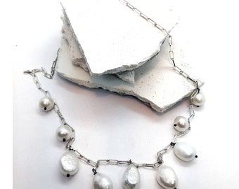 Pearls Necklace. Sterling Silver Chain Pearls Necklace. Unique Pearls with beautiful lustre links Necklace. One of a Kind Pearls Necklace