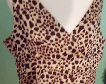 Vintage Talbots Petites Tan Brown Leopard Animal Print Sleeveless V Neck Straps Shiny Silky Blouse Top Size 16 Large