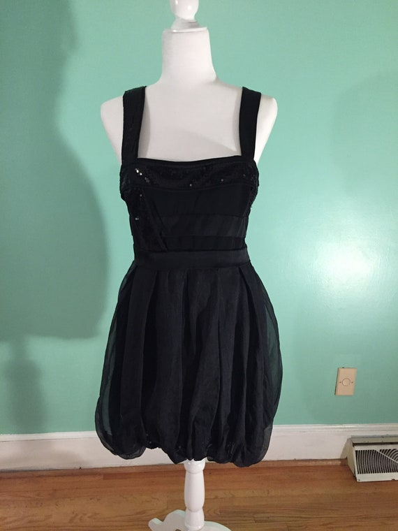 Vintage 90s BeBe Black Dress: Sequin Trim, Pleated Waist, Sz Large Vintage 90s BeBe Black Dress: Sequin Trim, Pleated Waist, Sz Large