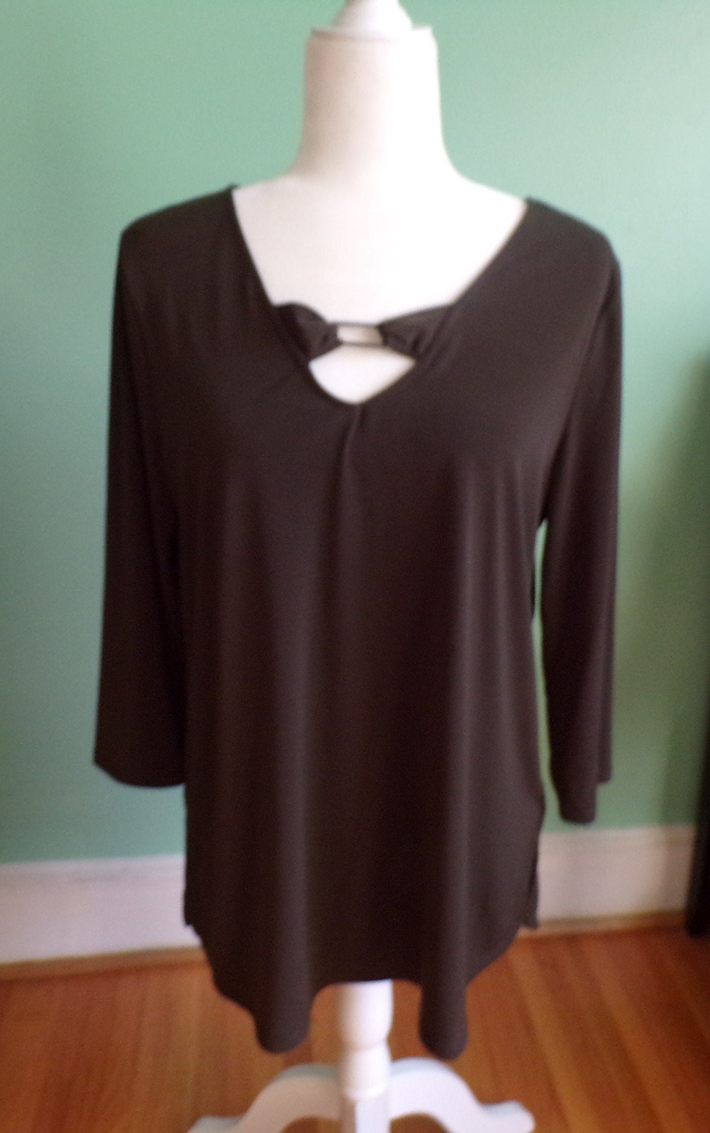 Vintage 1990s 90s Dark Olive Green  Long Sleeve Scoop Neck Polyester Spandex Oversized Blouse Top Size Large