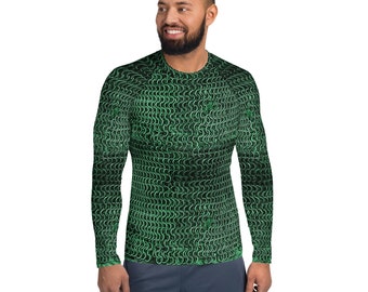 Camisa de manga larga con estampado de tela de armadura de cota de malla verde oscuro para hombre