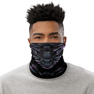May include: A black face mask with a futuristic robot design. The mask has a purple glow and intricate details.