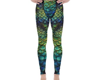 Leggings para hombre con estampado realista de fantasía y plumas de pavo real en el pecho