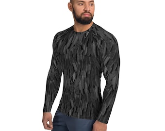 Camisa de manga larga para hombre con estampado de tela de armadura de plumas de cuervo negro