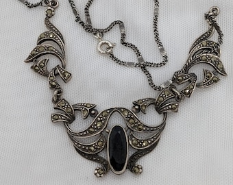 Vintage Sterling Silver Marcasite Ladies Necklet with an Onyx