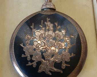 Vintage STERLING SILVER Niello Pocket Perfume or Snuff Bottle Chinese or Japanese c1910