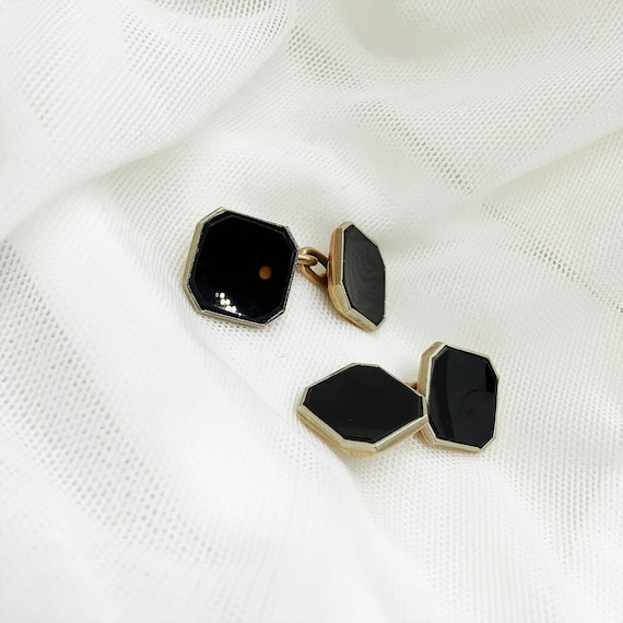 Vintage English 9ct Rose Gold Onyx Cufflinks - image 1