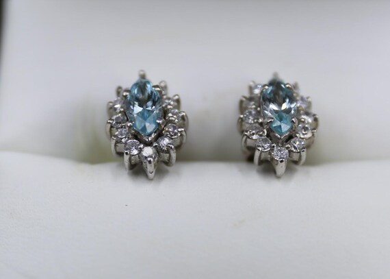 Sterling Silver Stud Earrings, Light Blue Cubic Z… - image 2