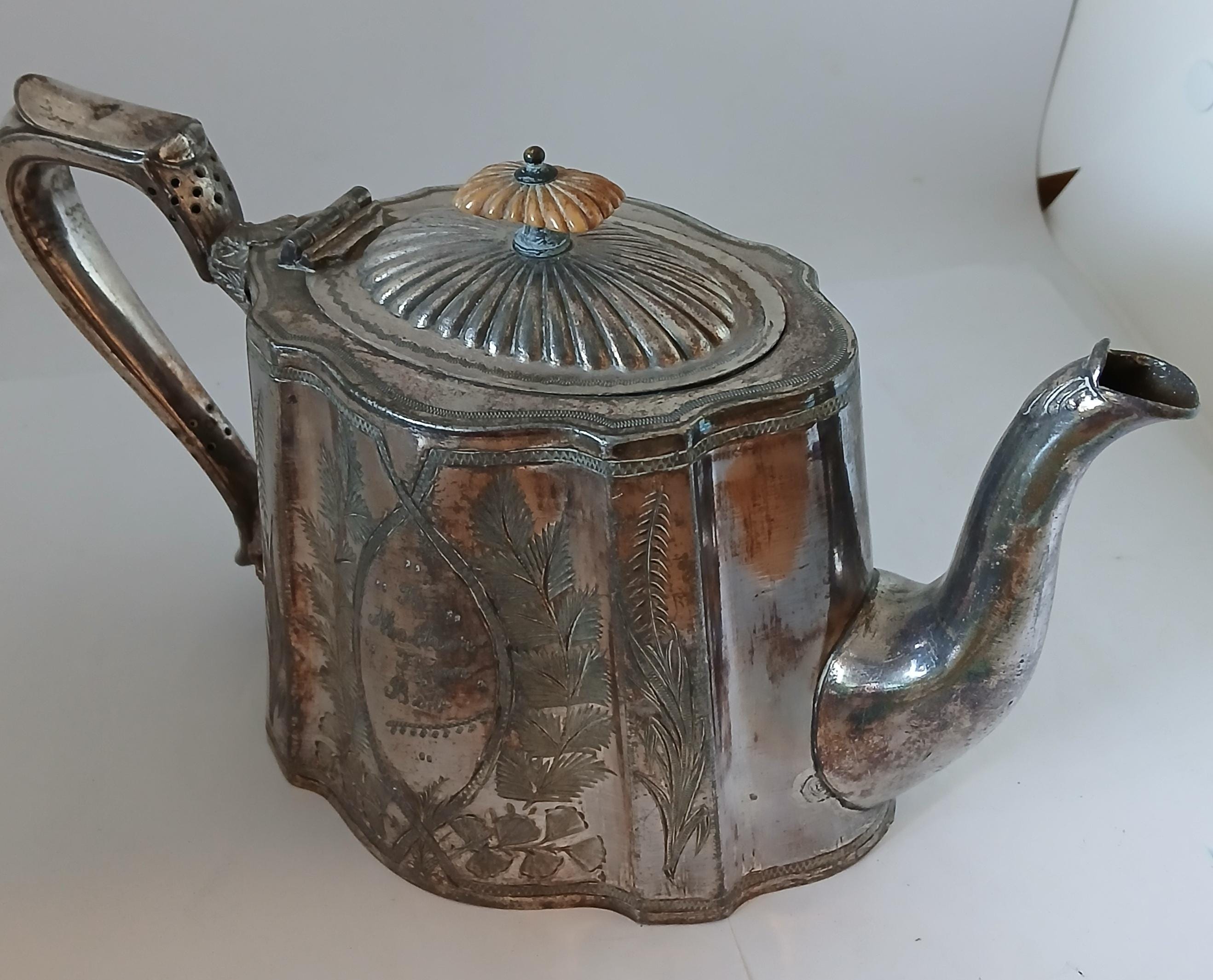 Antique Sheffield Silver-plate Engraved TEAPOT Bone Topper English