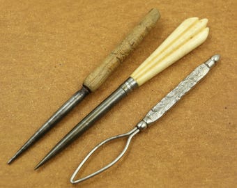 Antique Sewing Tool Set – Bone & Wood 3 Etul Set or Collection