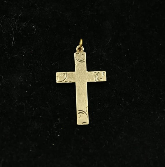 9ct Yellow Solid Gold Patterned Cross Pendant - image 1