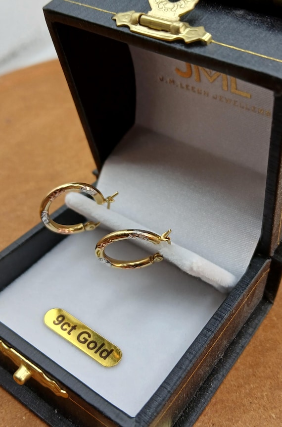 9ct Yellow/White/Rose Solid Gold PATTERNED Hoop E… - image 4