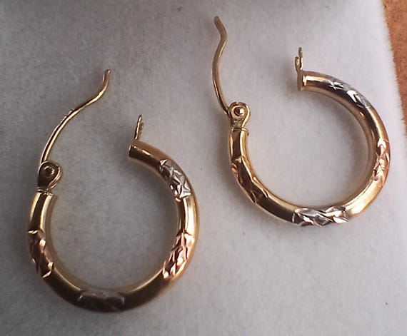 9ct Yellow/White/Rose Solid Gold PATTERNED Hoop E… - image 2