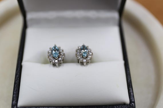 Sterling Silver Stud Earrings, Light Blue Cubic Z… - image 1