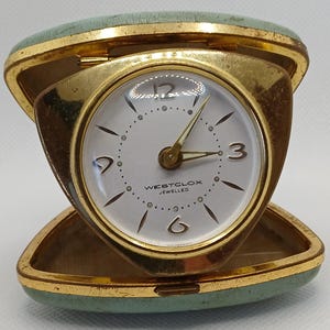 Petite horloge de voyage WESTCLOX vintage des années 1950 à remontage manuel fabriquée en Allemagne - En état de fonctionnement