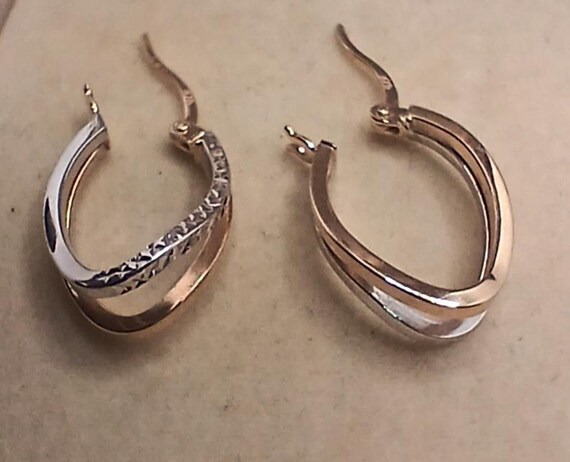 9ct Yellow/White Solid Gold Patterned Hoop Earrin… - image 3