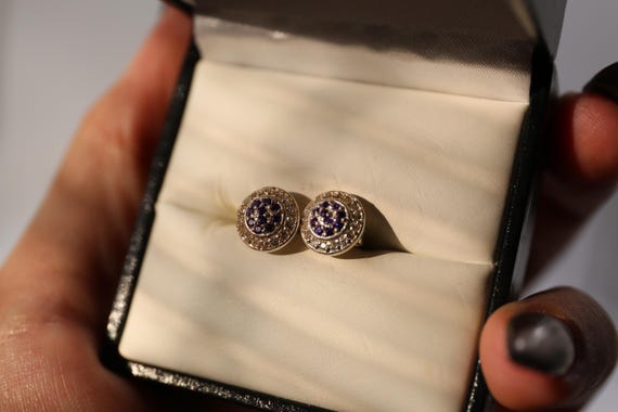 Solid Sterling Silver STUD EARRINGS set with Purp… - image 1