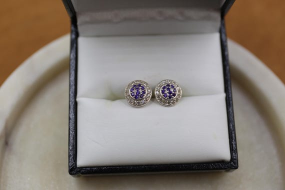 Solid Sterling Silver STUD EARRINGS set with Purp… - image 3
