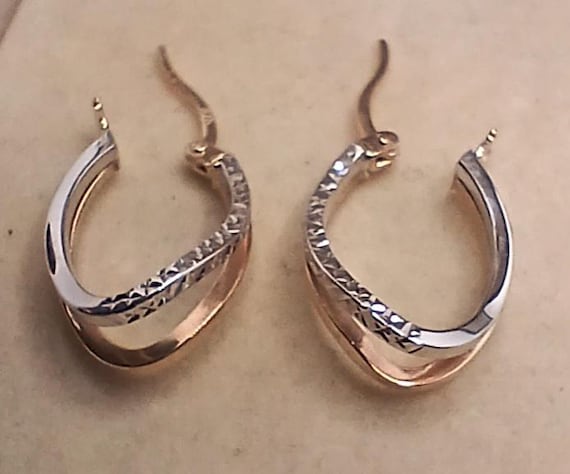 9ct Yellow/White Solid Gold Patterned Hoop Earrin… - image 1