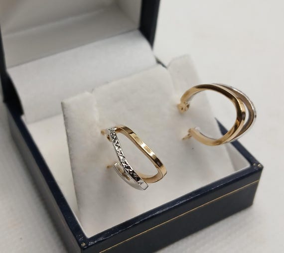 9ct Yellow/White Solid Gold Patterned Hoop Earrin… - image 4