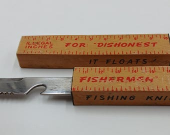 Vintage 1960's Fishing Knife - "For Honest Fishermen" - Wood Handle - FLOATS - Made In Japan