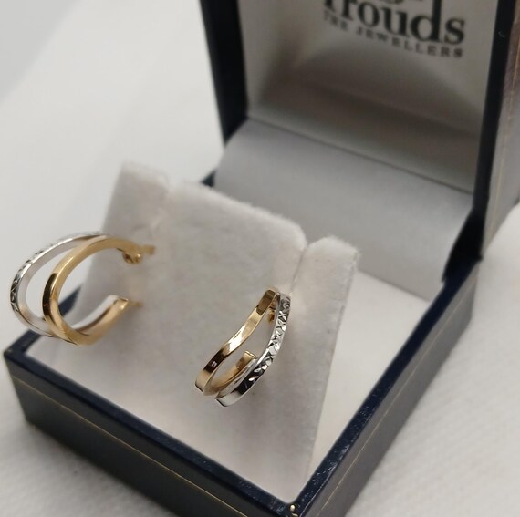 9ct Yellow/White Solid Gold Patterned Hoop Earrin… - image 2